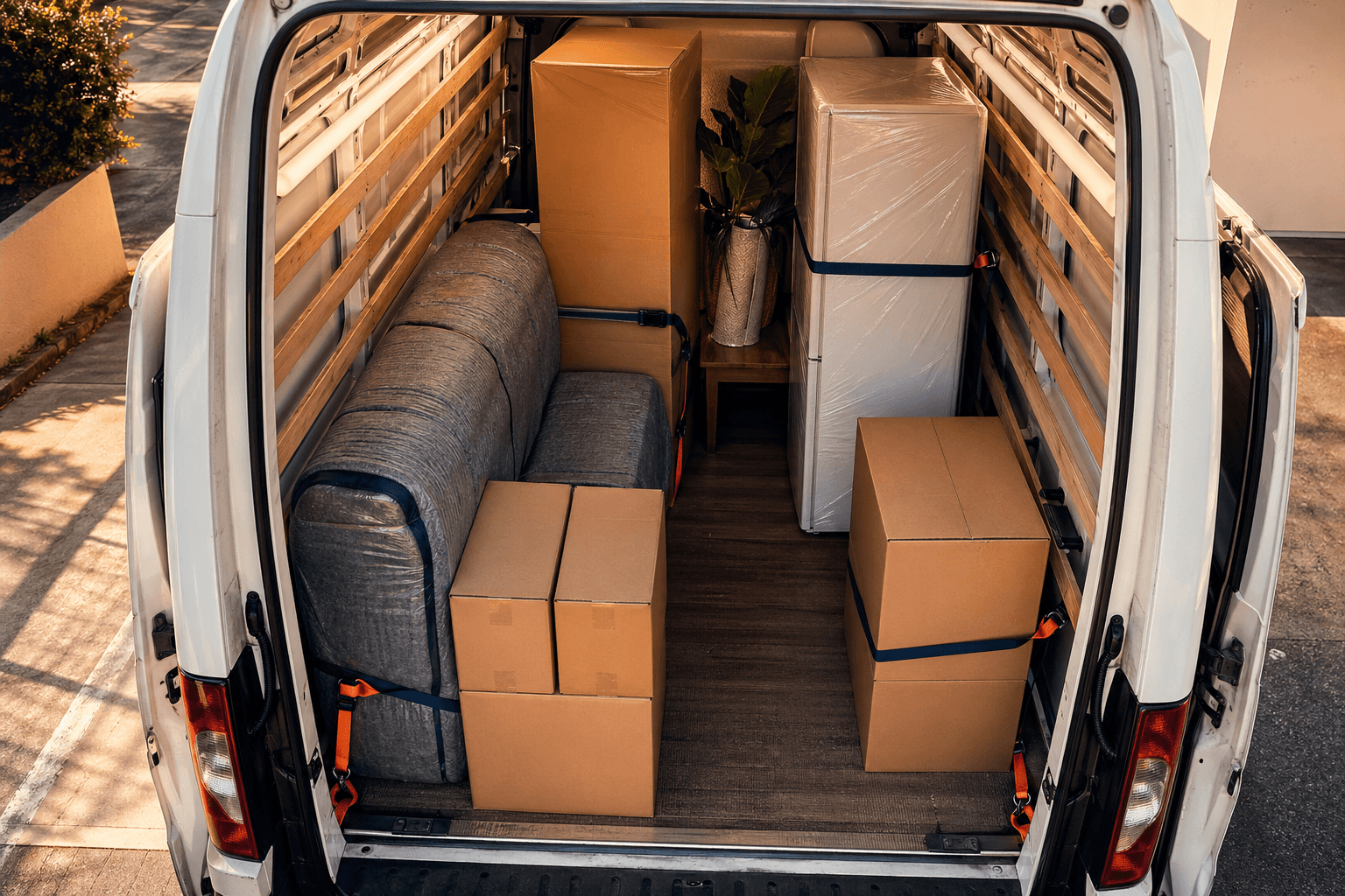 Pohled shora do nákladového prostoru bílé dodávky se sedačkou, lednicí a krabicemi, vše bezpečně upoutané kurty