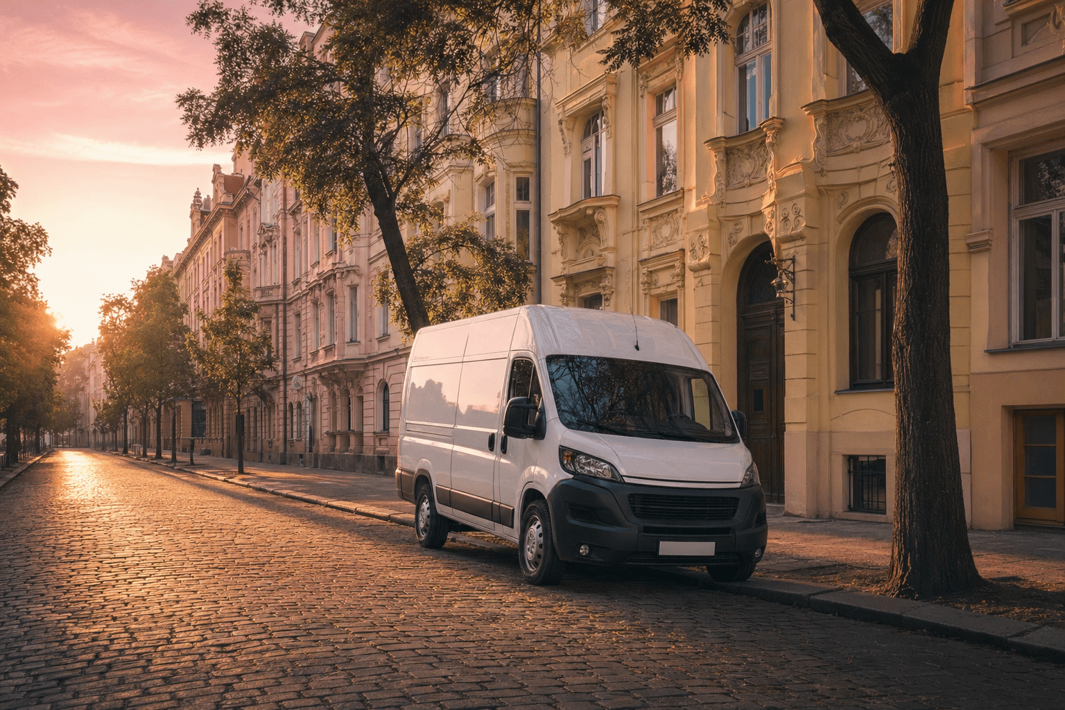 Bílá dodávka Renault Master zaparkovaná v pražské ulici během zlaté hodiny