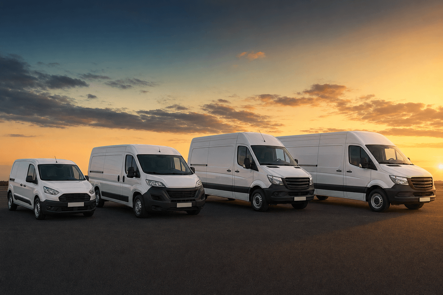 Čtyři dodávky různých velikostí seřazené vedle sebe pro vizuální srovnání