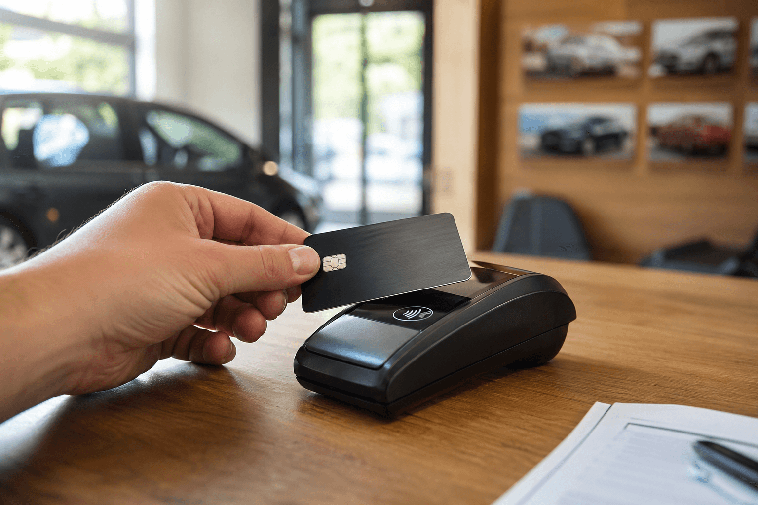 Ruka s platební kartou nad platebním terminálem v půjčovně dodávek