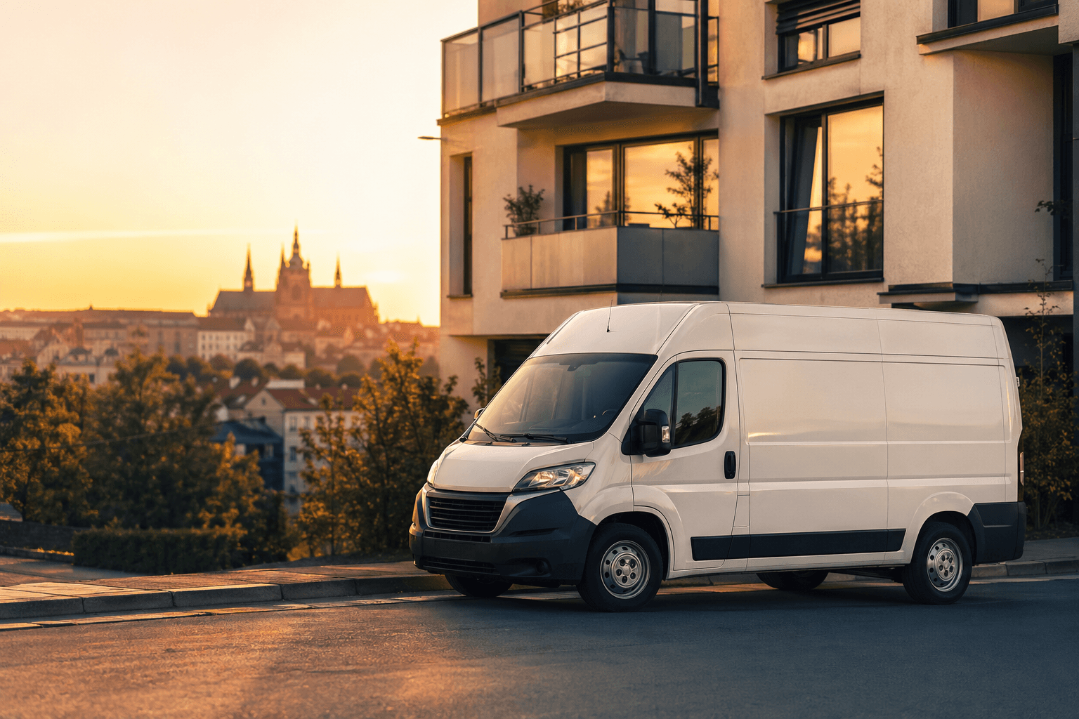 Bílá dodávka zaparkovaná před pražským panelákem v podvečerním světle
