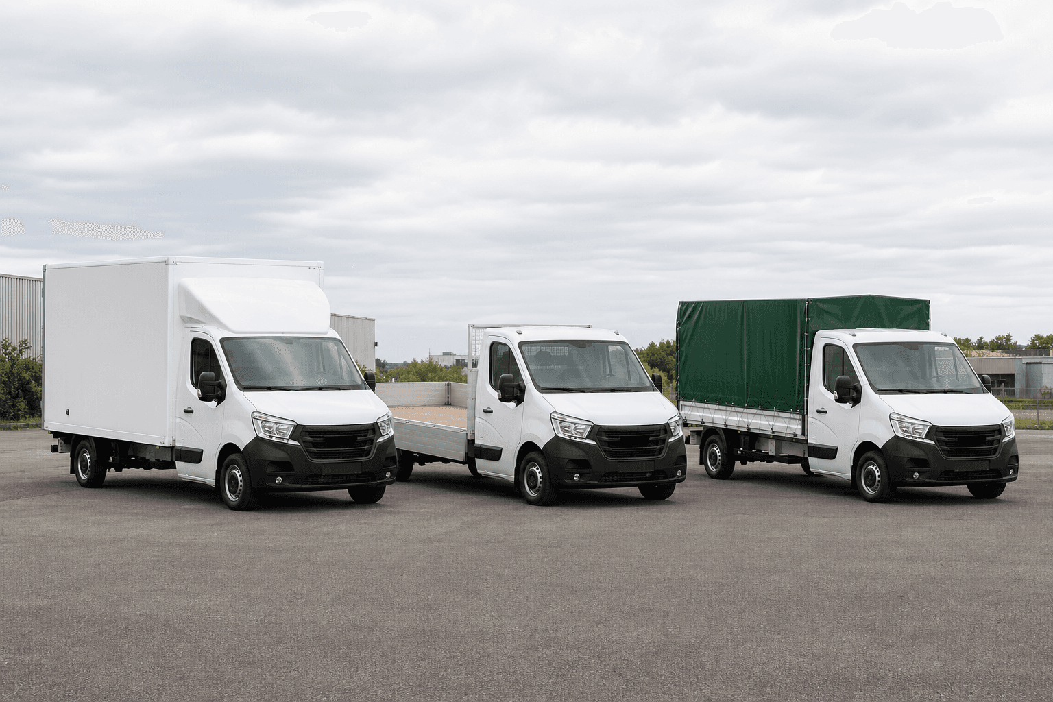 Tři typy dodávek vedle sebe — skříňová, valník a valník s plachtou — zaparkované na asfaltové ploše