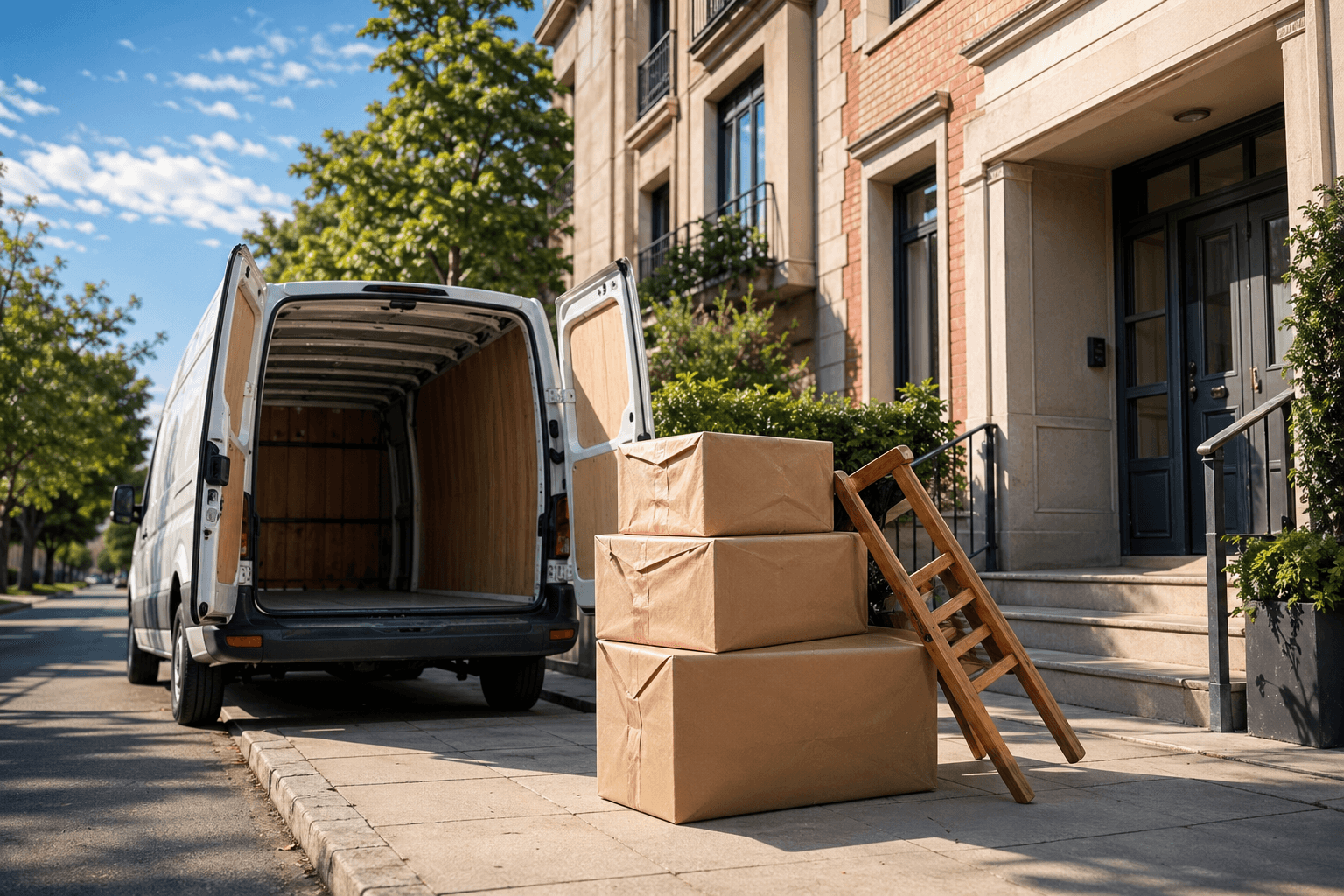 Pohled do nákladního prostoru dodávky naložené krabicemi a polepenými dekami zabaleným nábytkem