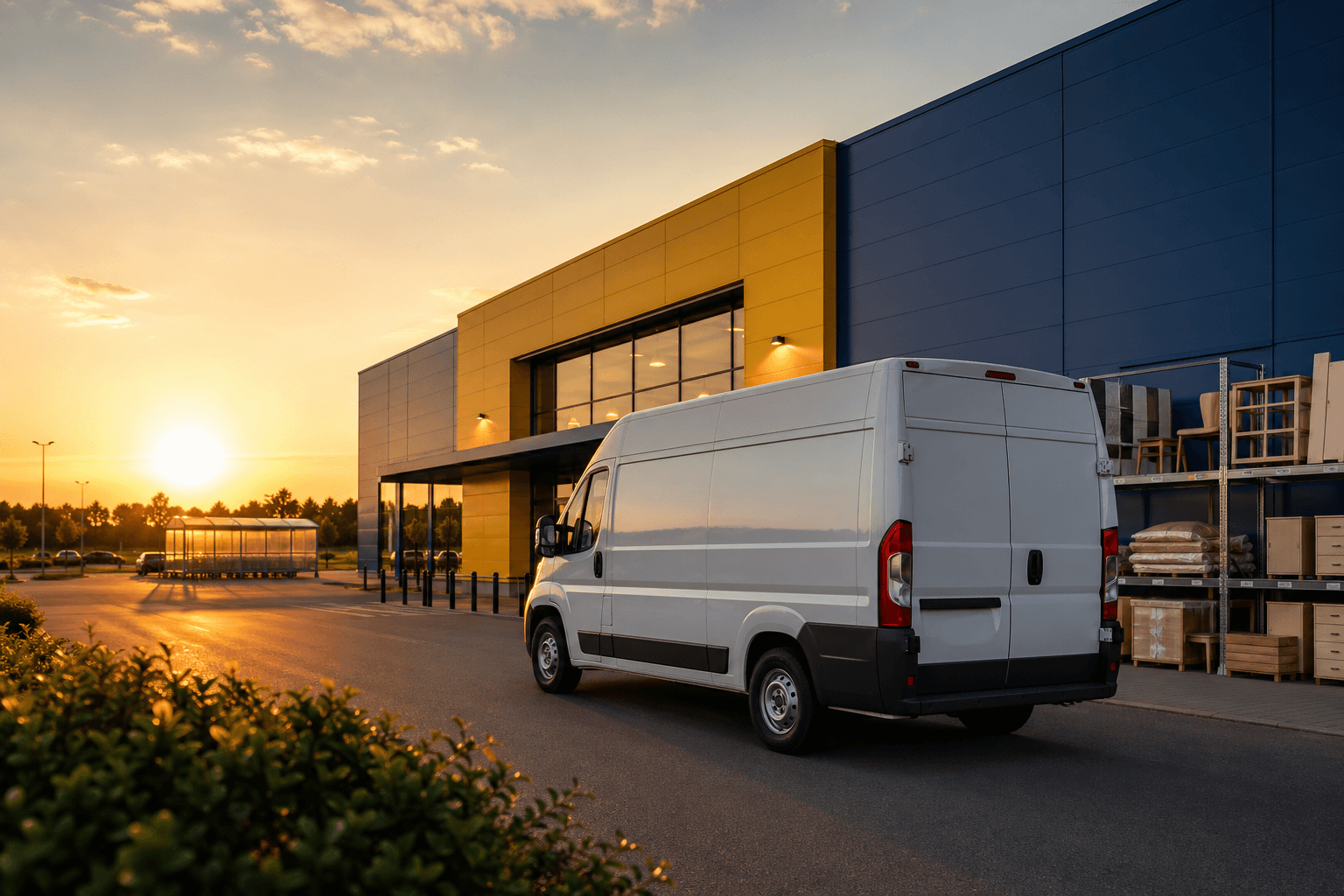 Bílá dodávka zaparkovaná před skandinávským obchodem s nábytkem na Černém Mostě