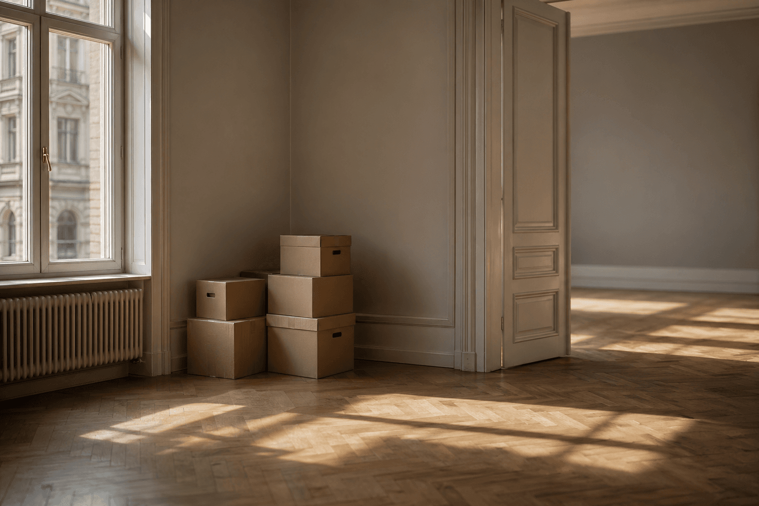 Tichý byt s několika krabicemi v rohu, dovnitř proudí měkké odpolední světlo z okna