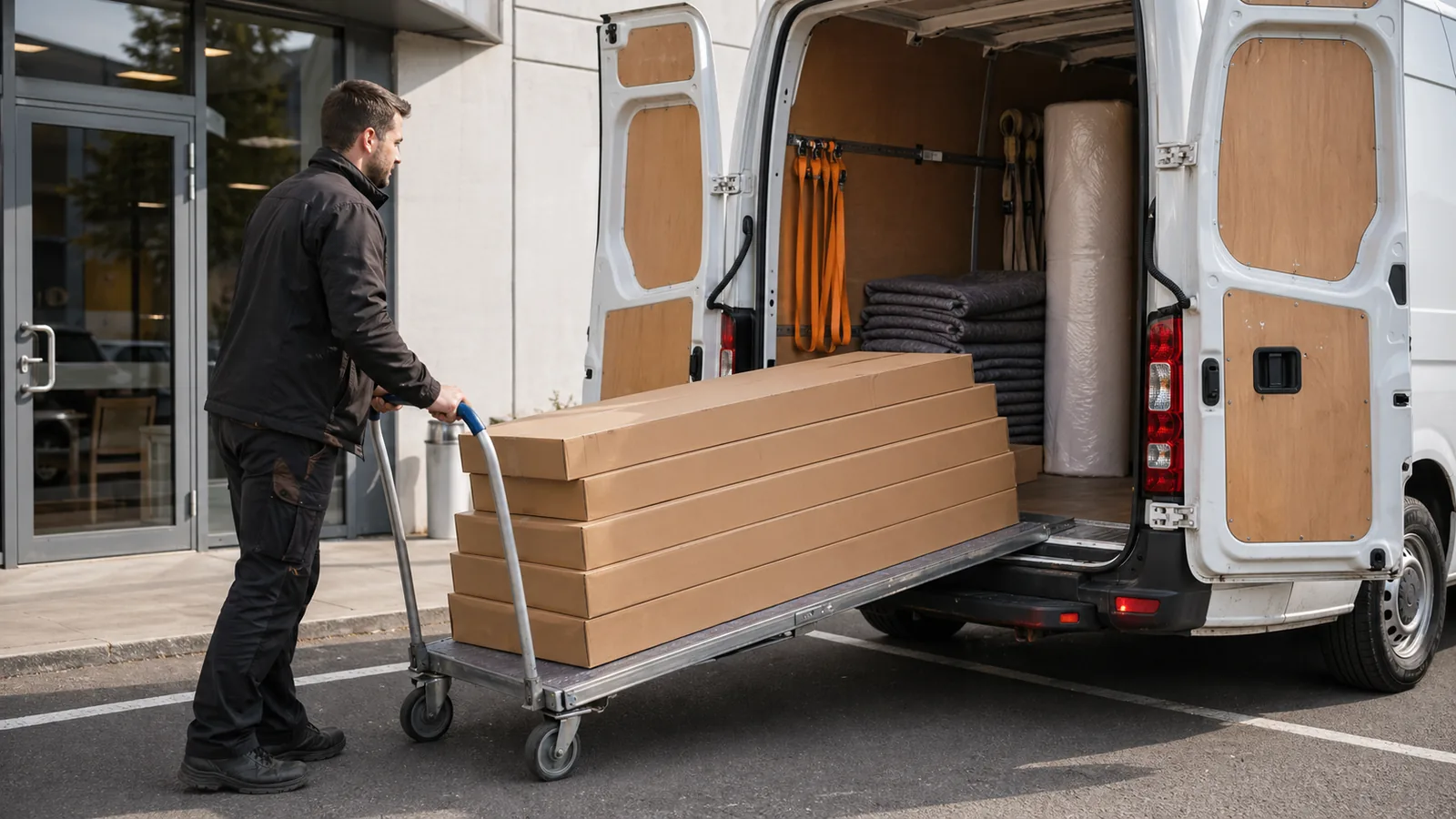 Nakládání dlouhých flatpack krabic s nábytkem do nákladového prostoru dodávky